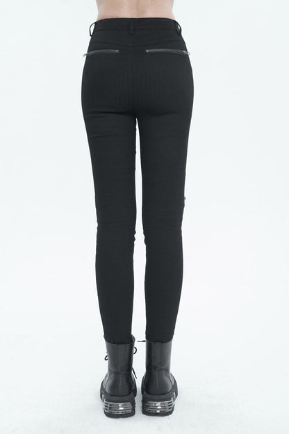 Black Slightly Elastic Twill Pu Tie Rope Decoration Women's Punk Trousers