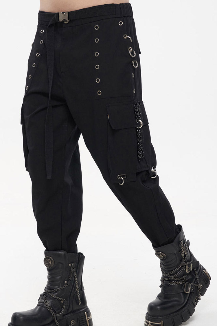 Black Punk Tatting Multi-Pocket Metal Chain Cargo Men's Pants