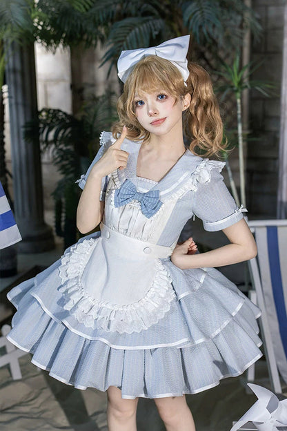 Blue [Seven Day Bell] Navy Collar Short Sleeves Printed Ruffled Bow Sweet Lolita Dress 2 Versions