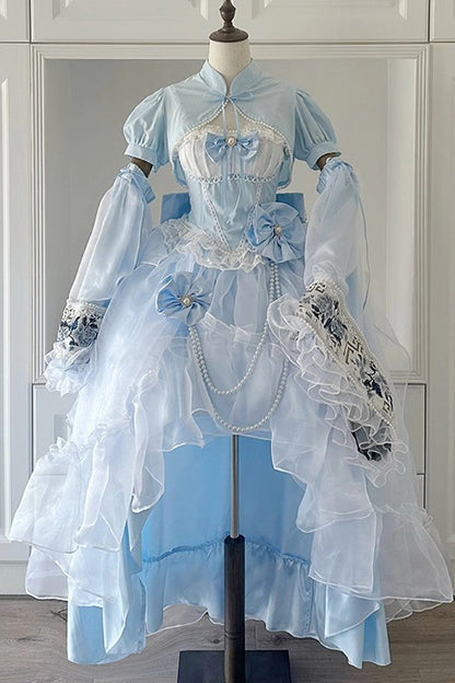 Blue Sleeveless Ruffle Hanayome Bowknot Lace Sweet Plus Size Lolita Jsk Dress 2 Versions