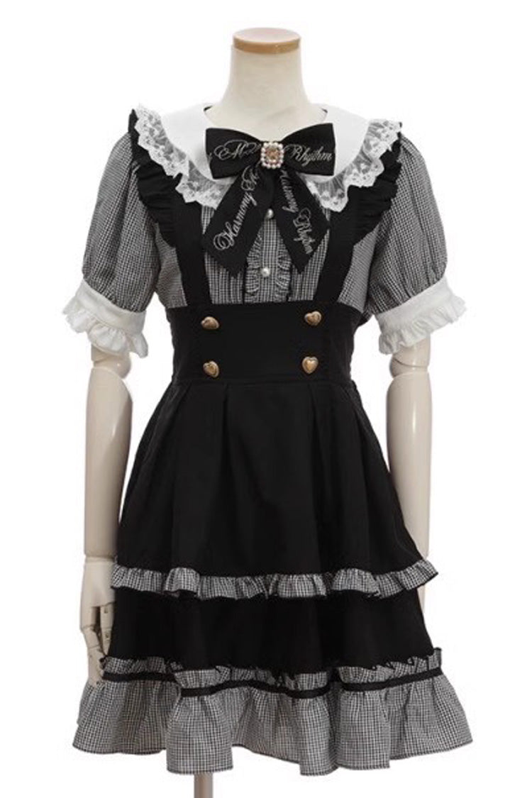 Black Short Puff Sleeves Print Ruffle Bowknot Sweet Jirai Kei Lolita Dress