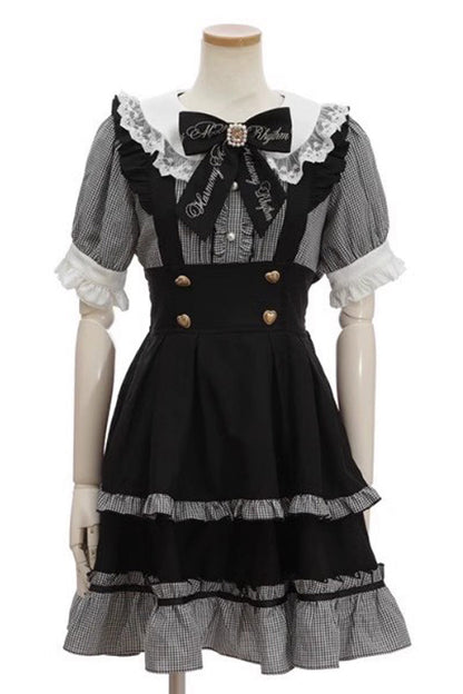 Black Short Puff Sleeves Print Ruffle Bowknot Sweet Jirai Kei Lolita Dress