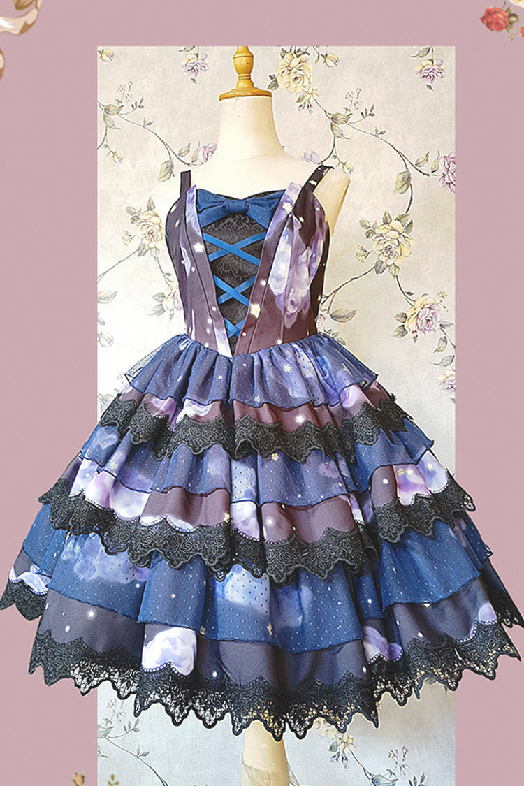Blue Triple-Layered Clouds Print Ruffle Stitching Lace Sweet Lolita Dress