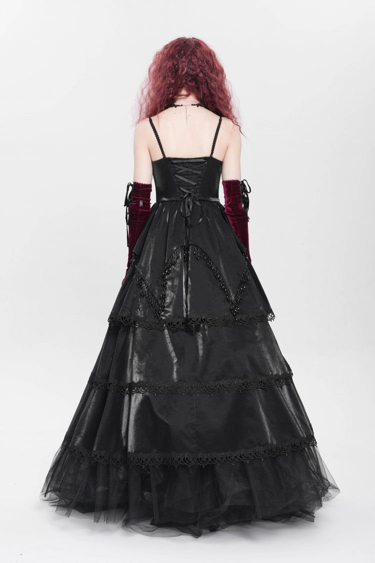 Black Sleeveless Multi-Layered Embroidery Pearl Women's Gothic Slip Dress