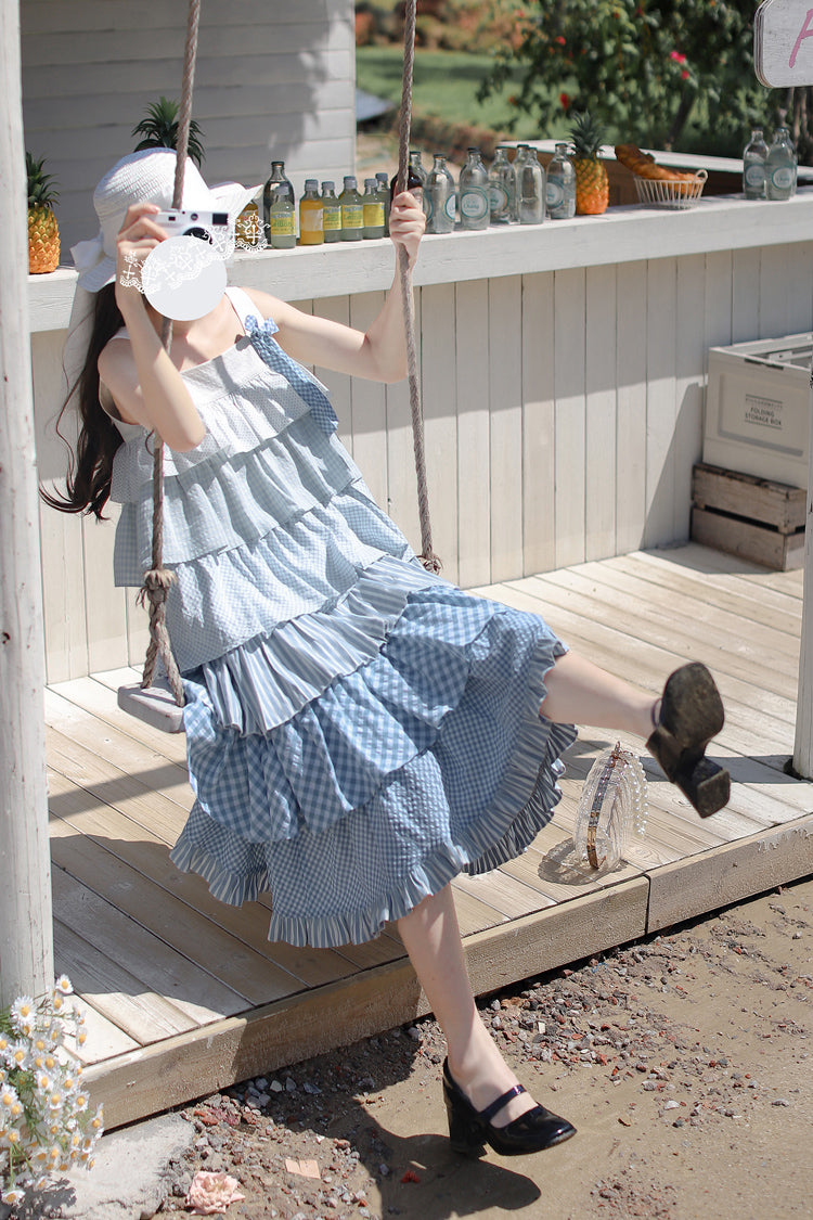 Blue [Go To The Beach] Multi-Layered Print Ruffle Holiday Sweet Lolita Jsk Dress