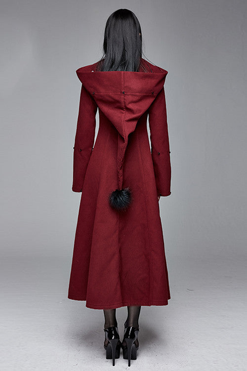 Red Gothic Party Woolen Hooded Sexy Women Long Coat