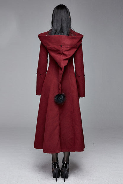 Red Gothic Party Woolen Hooded Sexy Women Long Coat