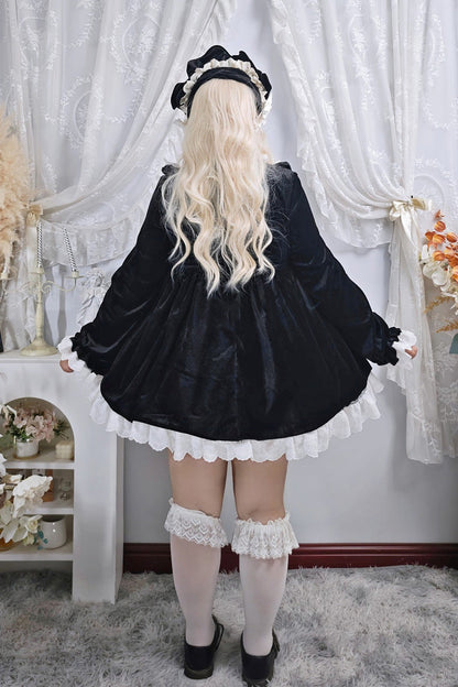 Black [Antique Velvet Doll] Stand Collar Long Sleeves Ruffled Bow Gothic Plus Size Lolita Dress