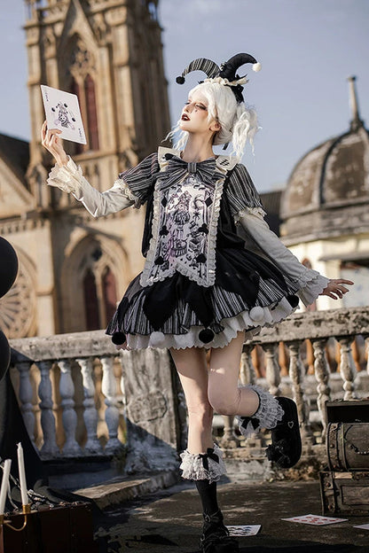 Black [Letters and Poems · Doll Mask] Poker Clown Long Sleeves Ruffled Bow Gothic Lolita Dress Set