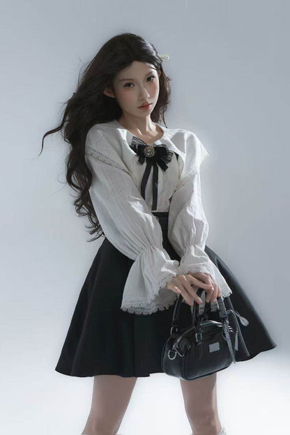 Black/White Lapel Collar Long Sleeves Ruffled Bow Classic Lolita Strap Dress Set