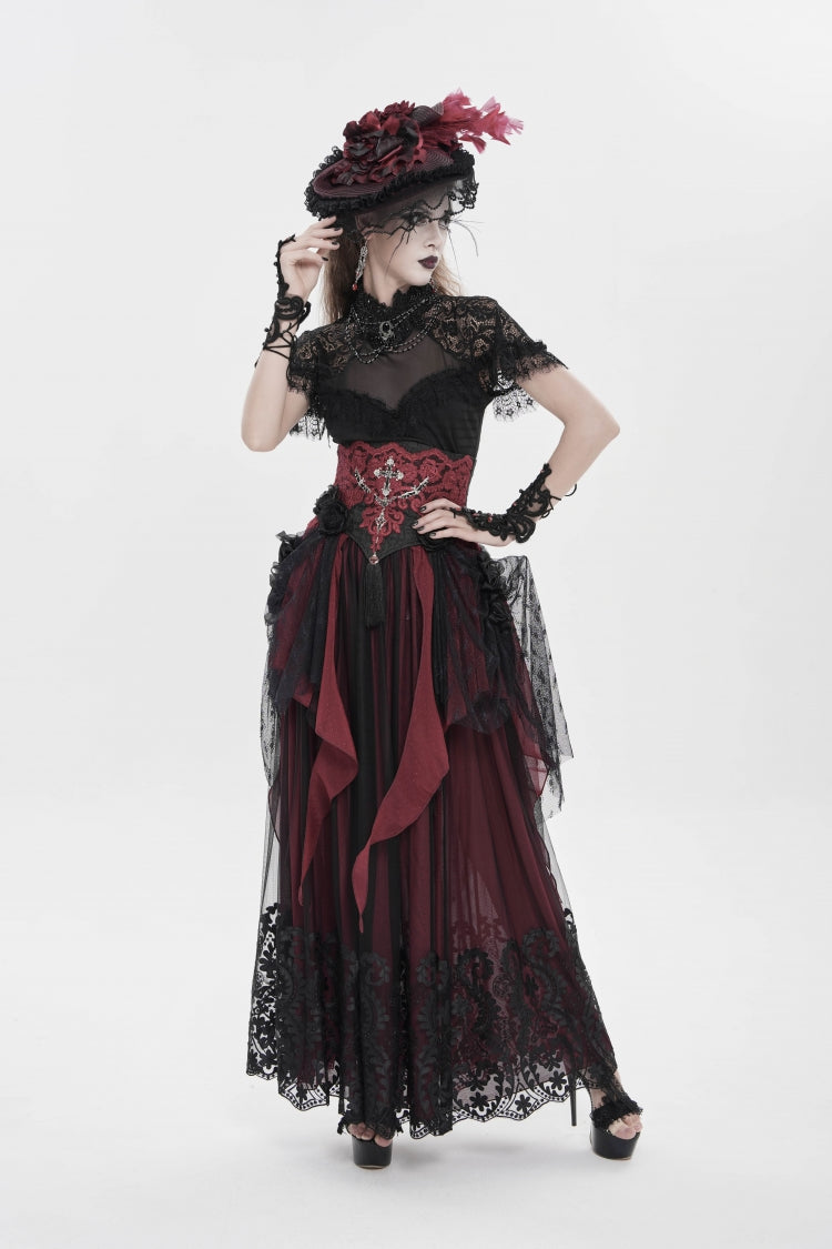Black/Red Embroidered Lace Women's Gothic Underbust Corset Embroidered Rose Cross Underbust Corset