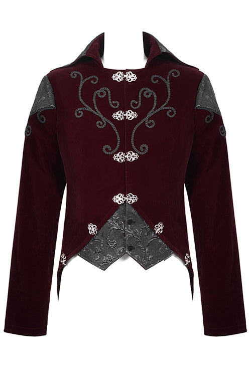 Red Vintage Embroidered Fake Two Pieces Gothic Mens Coat
