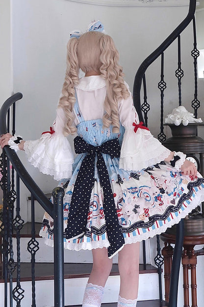 Blue [Mystery Rabbit Tea Party] Sleeveless Print Ruffle Bowknot Lace Sweet Lolita Jsk Dress