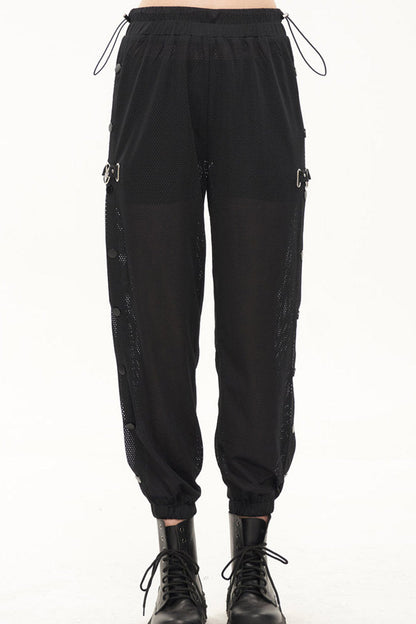 Black Punk Sports Style Metal Five-Star Decoration Trouser Leg Button Detachable Women's Long Pants