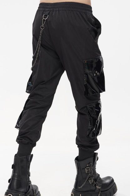 Black Punk Multi Pocket Splicing Illusory Color Removable Metal Left Chain Design Cargo Men's Pants