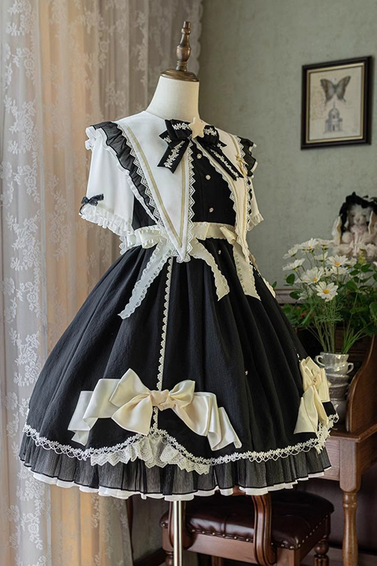 Black Sleeping Star Short Sleeves Ruffle Bowknot Lace Stitching Sweet Lolita Dress