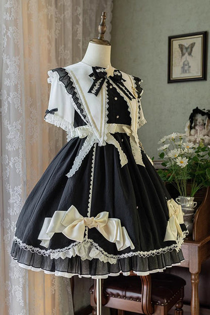 Black Sleeping Star Short Sleeves Ruffle Bowknot Lace Stitching Sweet Lolita Dress