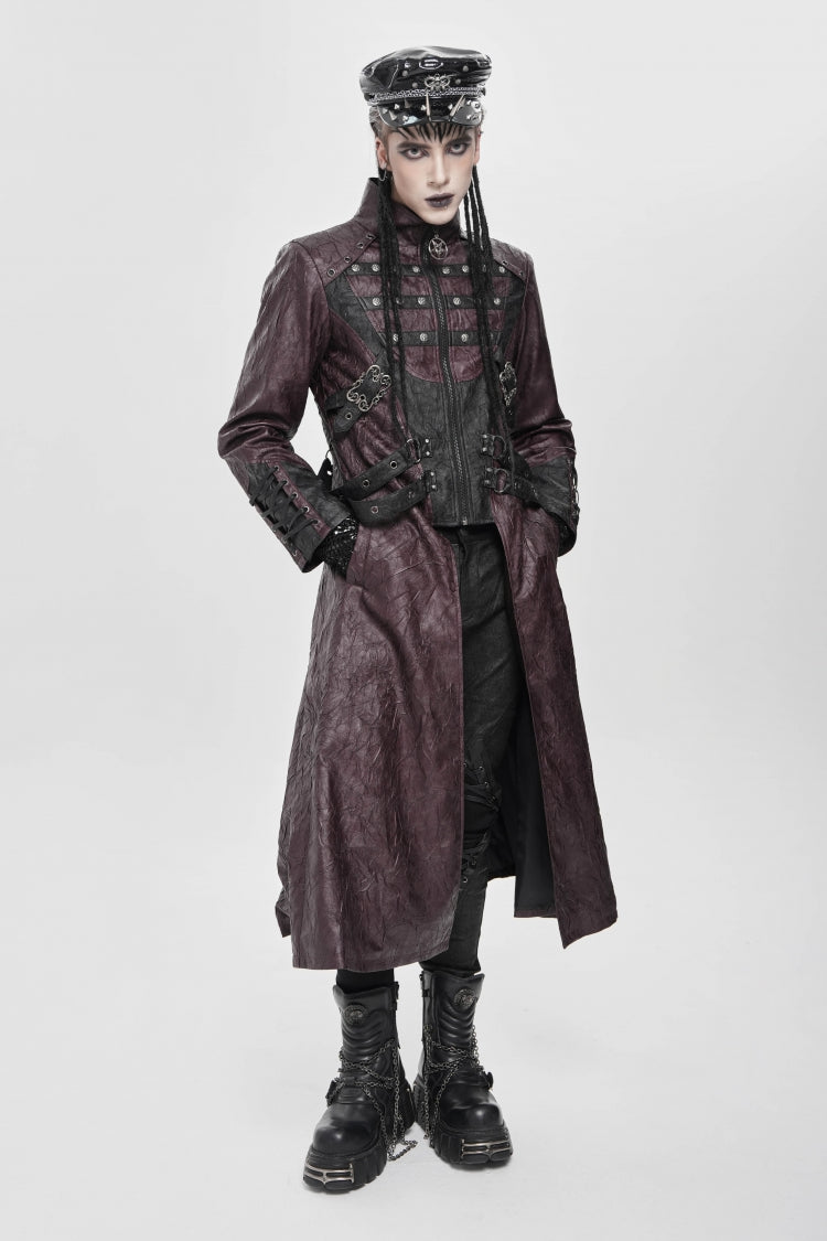 Red Stand Collar Zipper Straps Eyelet Men's Punk Coat