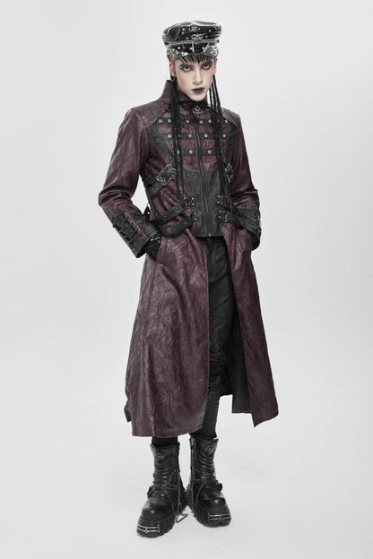 Red Stand Collar Zipper Straps Eyelet Men's Punk Coat