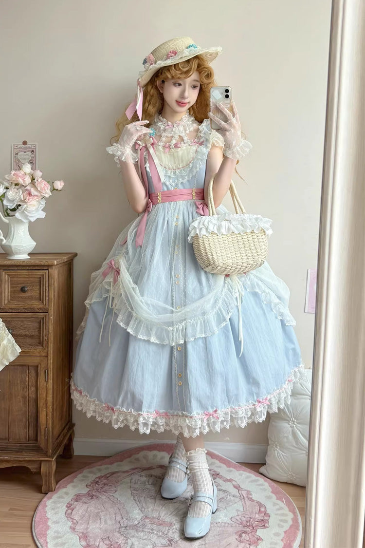 Blue [Sakura’s Spring Resonance] Sleeveless Ruffled Bow Sweet Lolita Jsk Dress (Long Version)