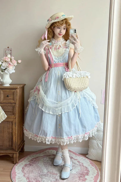 Blue [Sakura’s Spring Resonance] Sleeveless Ruffled Bow Sweet Lolita Jsk Dress (Long Version)