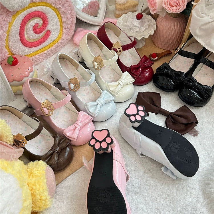 Cute Cat Element Round-Toe Bow Mary Jane Shoes with Cat Paw Heels 7 Colors