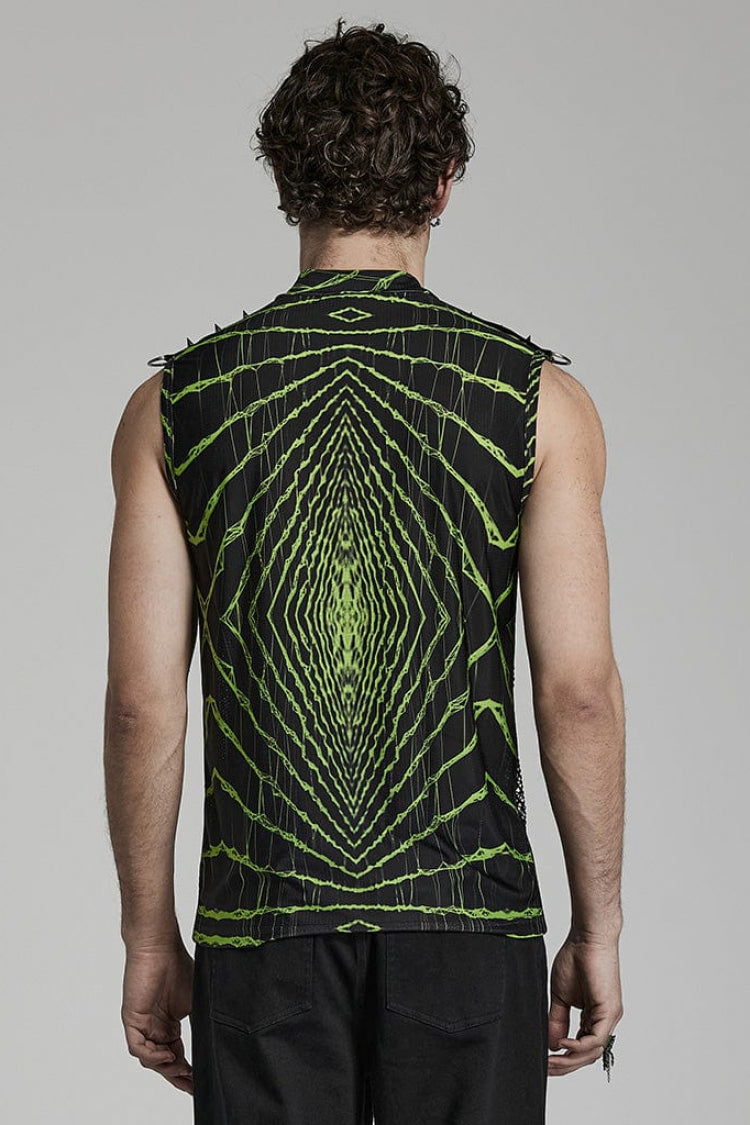 Halo Print Sleeveless Stitching Mesh Rivets Mens Steampunk T-Shirt 2 Colors