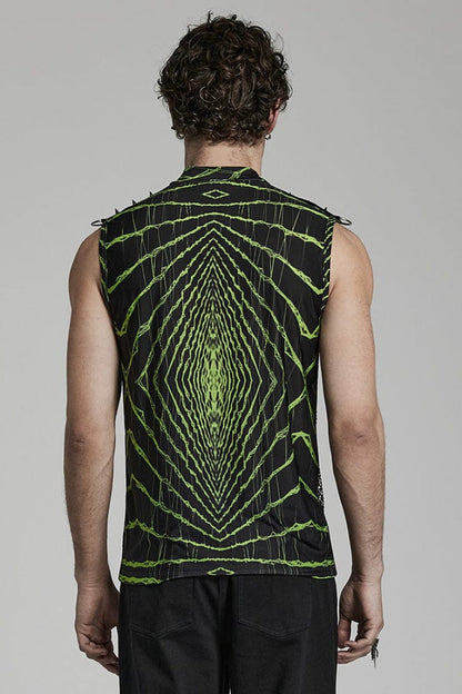 Halo Print Sleeveless Stitching Mesh Rivets Mens Steampunk T-Shirt 2 Colors