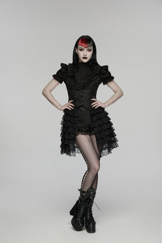 Black V Collar Short Sleeves High Waisted Jacquard Ruffled Cut-Out Embroidered Lace Slim Women's Gothic Vest