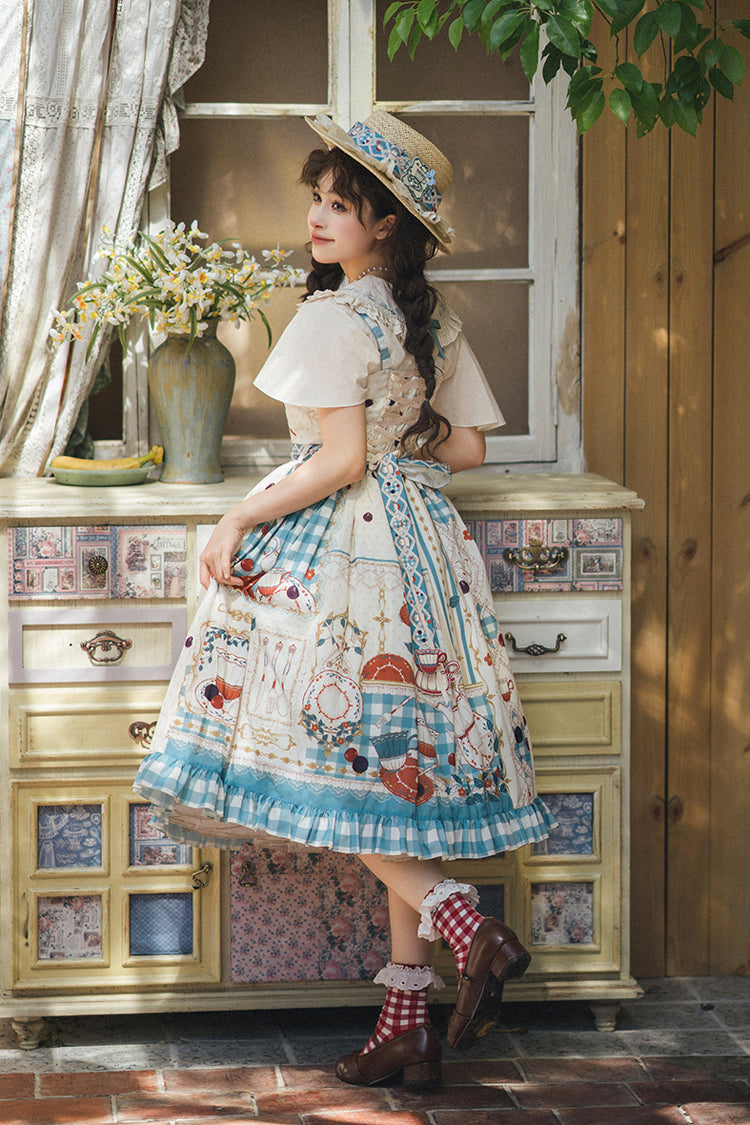 Blue/Green [Tea Party] Print Ruffle Bowknot Lace Sweet Elegant Lolita Jsk Dress