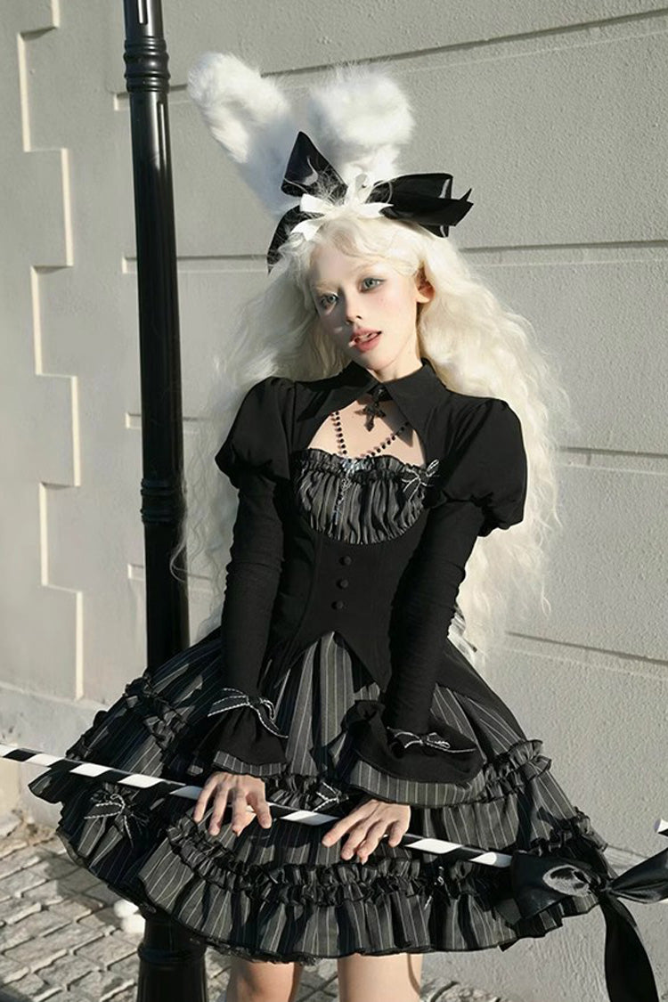 Black [Duke of the Trap Rabbit] Long Sleeves Stripe Print Ruffle Bowknot Lace Gothic Lolita Dress