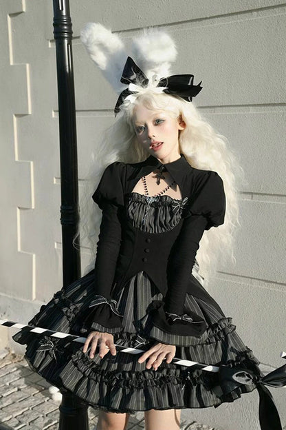 Black [Duke of the Trap Rabbit] Long Sleeves Stripe Print Ruffle Bowknot Lace Gothic Lolita Dress