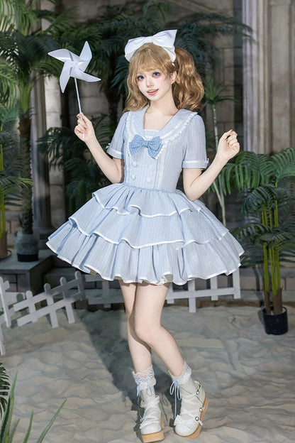 Blue [Seven Day Bell] Navy Collar Short Sleeves Printed Ruffled Bow Sweet Lolita Dress 2 Versions