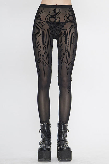 Black Punk Circuit Diagram Flocking Stretch Mesh Leggings Womens Pants