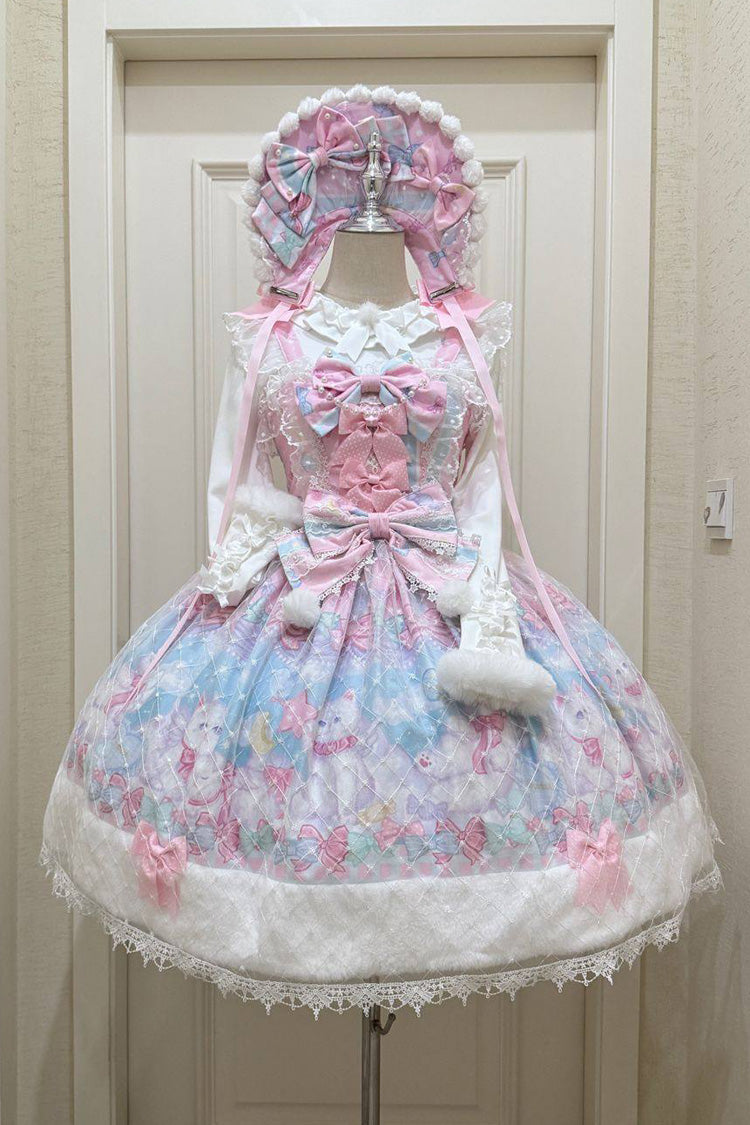 Pink/Blue [Candy Mary Cat] Printed Ruffled Embroidered Bow Lace Sweet Lolita Jsk Dress