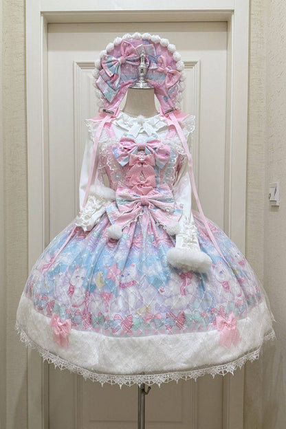 Pink/Blue [Candy Mary Cat] Printed Ruffled Embroidered Bow Lace Sweet Lolita Jsk Dress