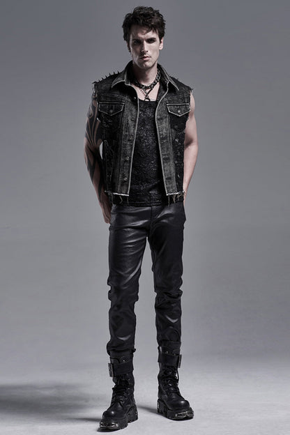 Black Rivets Lapel Collar Sleeveless Mens Steampunk Vintage Denim Vest