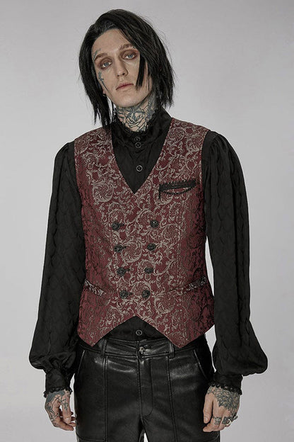 Red Punk Gorgeous V Neck Asymmetrical Relief Sculpture Jacquard Double Row Hand Seam Button Men's Vest