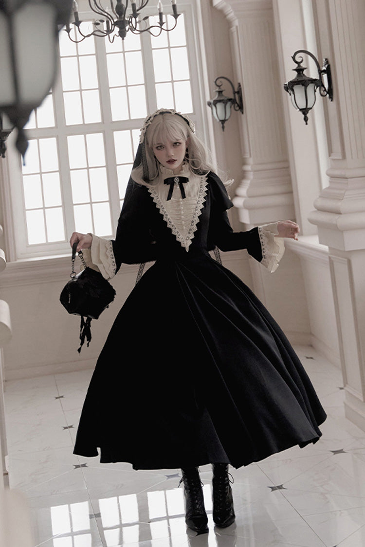 Black [Letters and Poems·Nocturne] Nun Long Sleeves Ruffle Gothic Lolita Long Dress