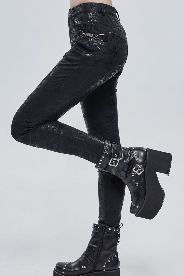 Black Punk Knitted Over Glue Metal Buckle Decoration Elasticity Leather Women's Leggings