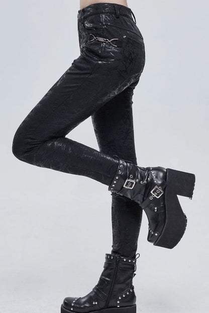 Black Punk Knitted Over Glue Metal Buckle Decoration Elasticity Leather Women's Leggings