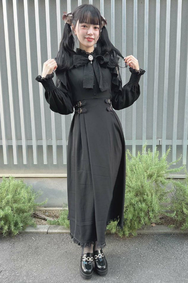 Black Stand Collar Off Shoulder Long Sleeves Hollow Bowknot Slim Jirai Kei Japanese Dress
