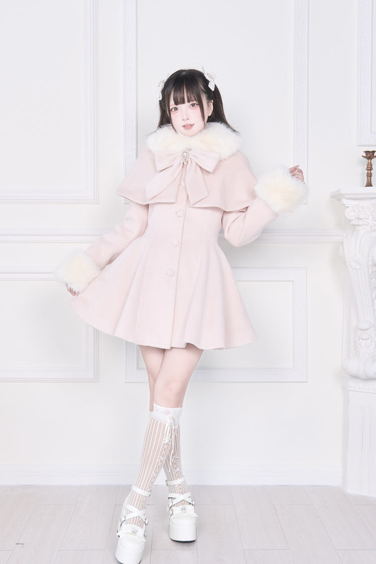 Pink Plush Collar Long Sleeves Bowknot Japanese Sweet Lolita Coat