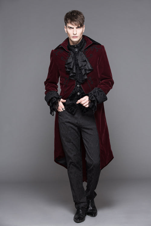 Red Party Fake Two Pieces Velvet Mens Gothic Long Coat