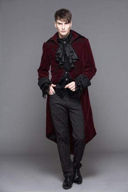 Red Party Fake Two Pieces Velvet Mens Gothic Long Coat