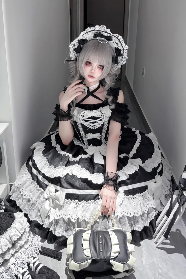 Black/White [Super Cute Belia] Sleeveless Triple-Layered Ruffle Bowknot Lace Gothic Elegant Lolita Jsk Dress