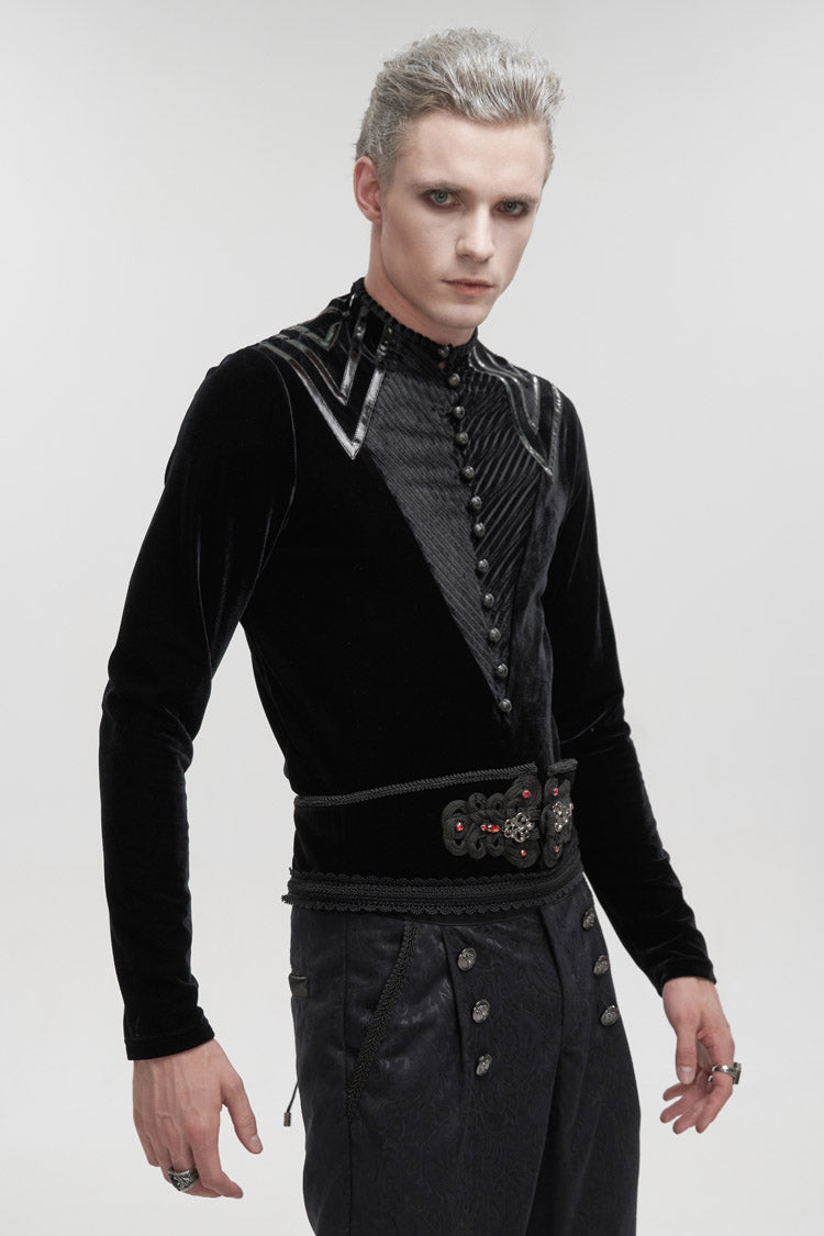 Black Round Collar Long Sleeves Stripes Splice Velvet Men's Gothic Shirt