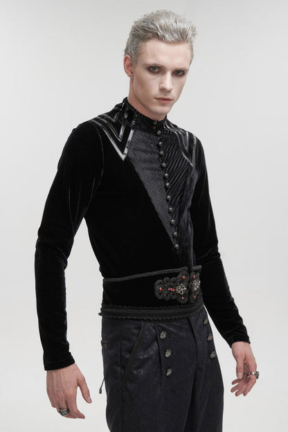Black Round Collar Long Sleeves Stripes Splice Velvet Men's Gothic Shirt