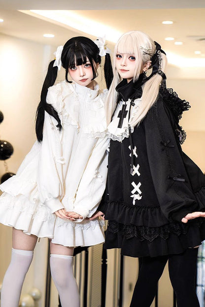 White Long Sleeves Ruffle Zipper Sweet Handsome Lolita Sweatshirt Coat