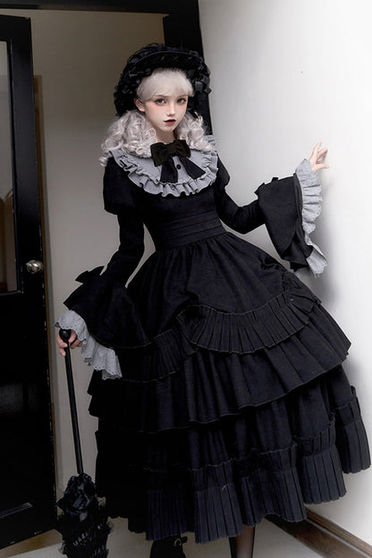 Black [Chapter of the Night] Long Hime Sleeves Ruffle Bowknot Gothic Lolita Dress